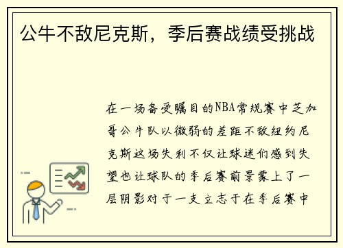 公牛不敌尼克斯，季后赛战绩受挑战
